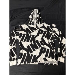 Victoria's Secret PINK Hoodie  Black White All Over Logo Print Womens M